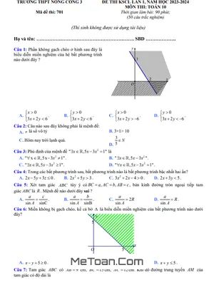 Đề thi KSCL lần 1 Toán 10 năm 2023 – 2024 trường THPT Nông Cống 3 – Thanh Hóa