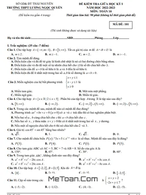 Đề thi giữa kỳ 1 Toán 10 năm 2022 - 2023 trường THPT Lương Ngọc Quyến - Thái Nguyên