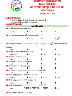 Đề Cương Ôn Tập Giữa Kì 1 Toán 8 Năm 2023 - 2024 Trường THCS Nghĩa Tân - Hà Nội