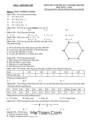Đề Tham Khảo Học Kì 1 Toán 6 Năm 2022 - 2023 Trường THCS - THPT Đức Trí - TP HCM