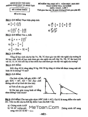Đề thi học kỳ 1 Toán lớp 7 năm 2020 - 2021 phòng GD&ĐT Thủ Đức - TP HCM
