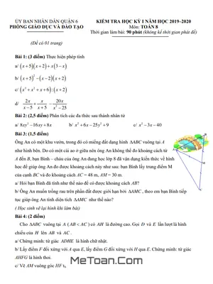 Đề thi học kỳ 1 Toán 8 năm 2019 - 2020 phòng GD&ĐT Quận 6 - TP HCM