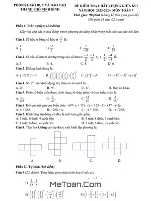 Đề thi giữa kì 1 Toán 7 năm 2023 – 2024 phòng GD&ĐT thành phố Ninh Bình