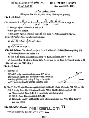Đề kiểm tra học kỳ 1 Toán 9 năm 2022 – 2023 phòng GD&ĐT Tây Hồ – Hà Nội