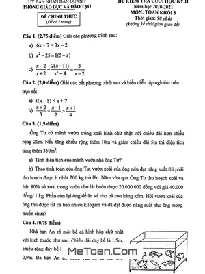 Đề Thi Cuối Kỳ 2 Toán 8 Năm 2020 - 2021 Phòng GD&ĐT Quận 7 - TP HCM