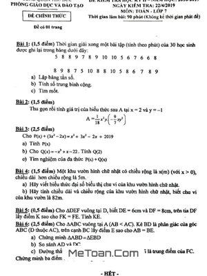 Đề thi học kì 2 Toán lớp 7 năm 2018 - 2019 phòng GD&ĐT Thủ Đức - TP HCM