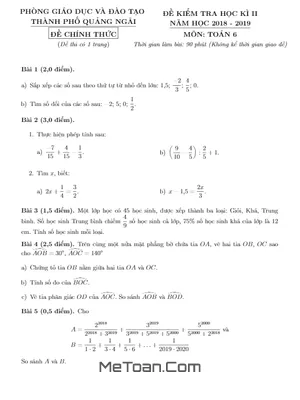 Đề thi HK2 Toán lớp 6 năm 2018 - 2019 phòng GD&ĐT thành phố Quảng Ngãi
