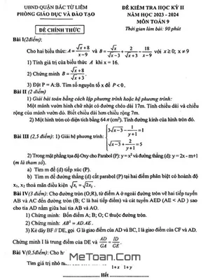 Đề thi học kỳ 2 Toán 9 năm 2023 - 2024 phòng GD&ĐT Bắc Từ Liêm - Hà Nội