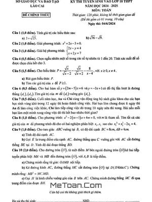 Đề thi tuyển sinh lớp 10 môn Toán năm 2024 - 2025 Sở GD&ĐT Lào Cai
