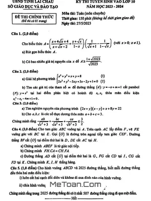 Đề thi vào lớp 10 môn Toán (chuyên) năm 2023 - 2024 Sở GD&ĐT Lai Châu