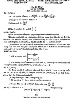 Đề thi thử Toán vào lớp 10 năm 2022 – 2023 phòng GD&ĐT Tây Hồ - Hà Nội [Lần 1]