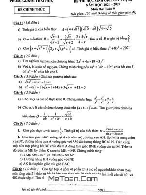 Đề thi học sinh giỏi Toán 9 năm 2021 - 2022 phòng GD&ĐT Thái Hòa - Nghệ An