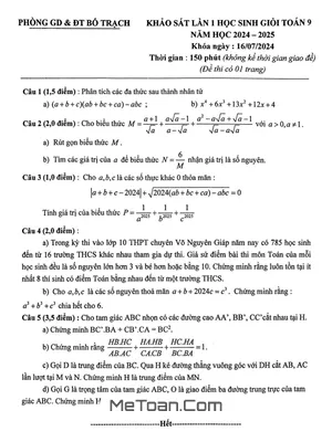 Đề khảo sát lần 1 HSG Toán 9 năm 2024 - 2025 phòng GD&ĐT Bố Trạch - Quảng Bình