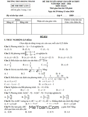 Đề thi thử Toán vào lớp 10 lần 1 năm 2025 - 2026 THCS Hoằng Thanh - Thanh Hóa