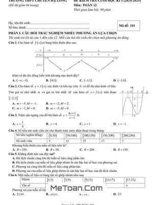 Đề Thi Cuối Kì 1 Toán 12 năm 2024 - 2025 trường THPT Chuyên Hạ Long - Quảng Ninh