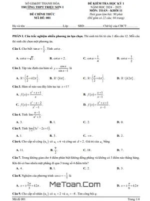 Đề thi học kỳ 1 Toán 11 năm 2024 - 2025 trường THPT Triệu Sơn 1 - Thanh Hóa (có đáp án)