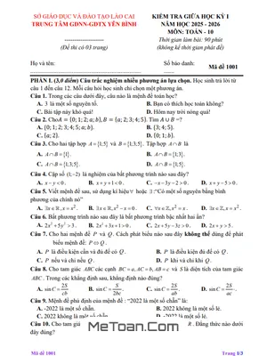 Đề Thi Giữa Kỳ 1 Toán 10 Năm 2025 - 2026 GDTX Yên Bình (Lào Cai) Có Đáp Án