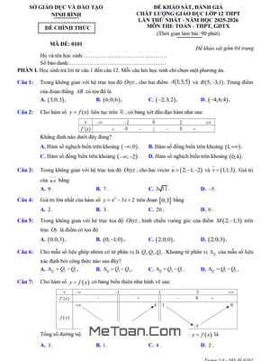 Đề khảo sát Toán 12 lần 1 năm 2025 – 2026 sở GD&ĐT Ninh Bình có đáp án