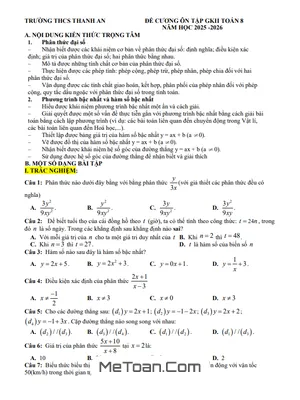 Đề cương giữa kì 2 Toán 8 năm 2025 – 2026 trường THCS Thanh An – Quảng Trị