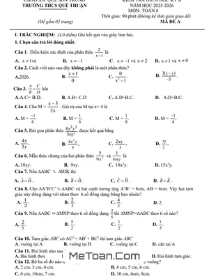 Đề Thi Giữa Học Kỳ 2 Toán 8 Năm 2025 – 2026 THCS Quế Thuận, Đà Nẵng Có Đáp Án Chi Tiết