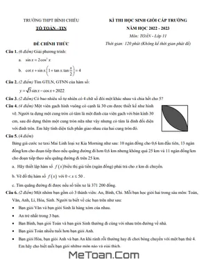 Đề thi học sinh giỏi Toán 11 năm 2022 - 2023 trường THPT Bình Chiểu - TP HCM