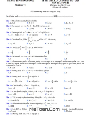 Đề thi KSCL lần 1 Toán 11 năm 2023 – 2024 trường THPT Nông Cống 3 – Thanh Hóa