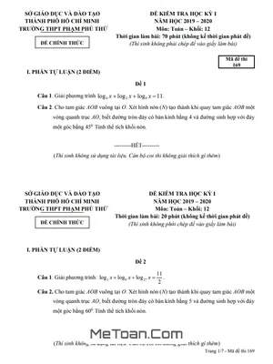 Đề thi học kì 1 Toán 12 năm 2019 - 2020 trường THPT Phạm Phú Thứ - TP HCM