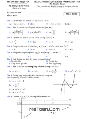 Đề khảo sát chất lượng Toán 12 năm học 2017 - 2018 trường THPT Triệu Sơn 1 - Thanh Hóa