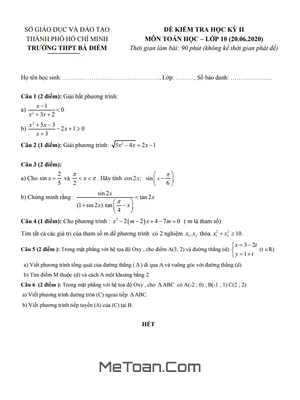 Đề thi học kì 2 Toán 10 năm 2019 - 2020 trường THPT Bà Điểm - TP HCM