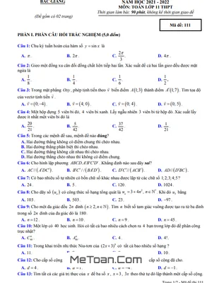 Đề kiểm tra cuối kỳ 1 Toán 11 năm 2021 - 2022 sở GD&ĐT Bắc Giang