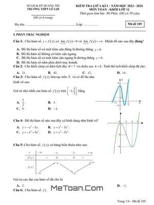 Đề thi giữa kì 1 Toán 12 năm 2023 - 2024 trường THPT Lê Lợi - Quảng Trị