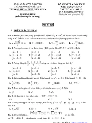 Đề thi HK2 Toán 12 năm 2018 - 2019 trường THCS - THPT Mùa Xuân - TP HCM (Mã đề 528)