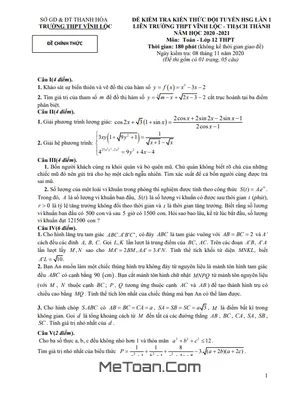 Đề thi HSG Toán 12 lần 1 năm 2020-2021 trường THPT Vĩnh Lộc - Thanh Hóa