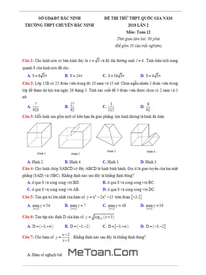Đề thi thử Toán THPT Quốc gia 2018 lần 2 trường Chuyên Bắc Ninh - Có đáp án