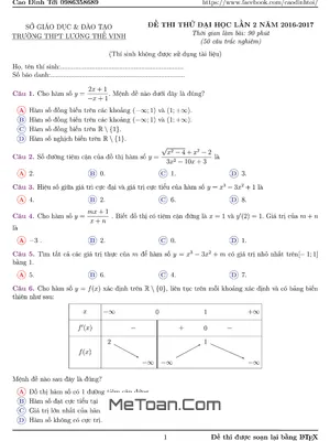 Đề thi thử THPT Quốc gia môn Toán trường THPT chuyên Lương Thế Vinh - Hà Nội lần 2 năm 2017