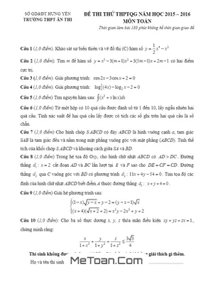 Đề thi thử THPT Quốc gia 2016 môn Toán trường THPT Ân Thi – Hưng Yên lần 1 - Có đáp án