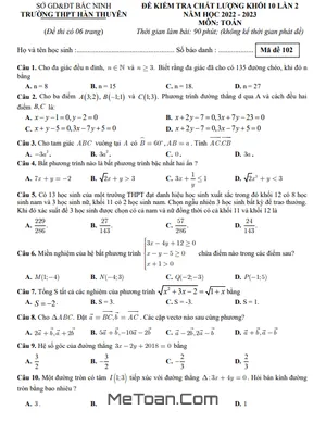 Đề kiểm tra Toán 10 lần 2 năm 2022 – 2023 trường THPT Hàn Thuyên – Bắc Ninh
