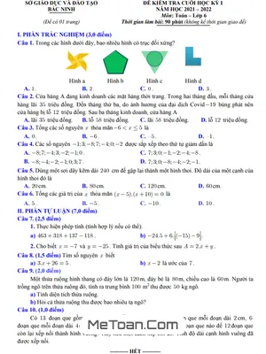 Đề kiểm tra cuối học kỳ 1 Toán lớp 6 năm 2021 - 2022 sở GD&ĐT Bắc Ninh