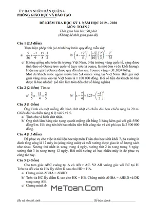 Đề thi học kỳ 1 Toán lớp 7 năm 2019 - 2020 phòng GD&ĐT Quận 4 - TP HCM