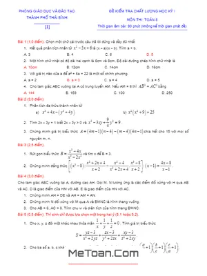 20 Đề Ôn Tập Kiểm Tra Chất Lượng Học Kỳ 1 Toán 8 Phòng GD&ĐT Thành Phố Thái Bình