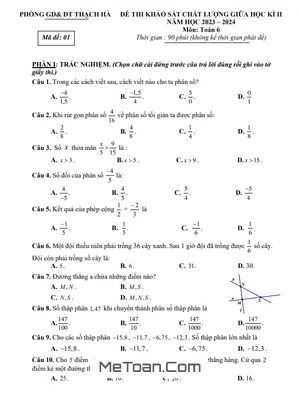 Đề thi giữa kì 2 Toán 6 năm 2023 - 2024 phòng GD&ĐT Thạch Hà - Hà Tĩnh