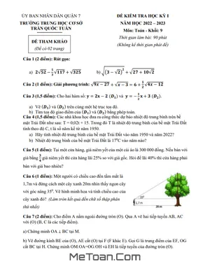 Đề tham khảo học kỳ 1 Toán 9 năm 2022 - 2023 trường THCS Trần Quốc Tuấn - TP HCM