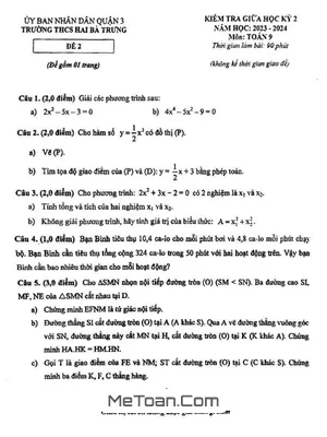 Đề thi giữa kỳ 2 Toán 9 năm 2023 - 2024 trường THCS Hai Bà Trưng - TP HCM