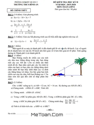Đề thi học kì 2 Toán 8 năm 2019 - 2020 trường THCS Bình An - TP HCM (Có đáp án)