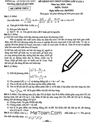 Đề khảo sát Toán 9 lần 2 năm 2020 - 2021 trường THCS Lê Quý Đôn - Hà Nội