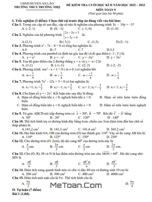 Đề thi cuối kì 2 Toán 9 năm 2022 - 2023 trường THCS Trường Thọ - Hải Phòng