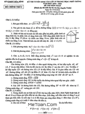Đề thi tuyển sinh lớp 10 môn Toán (chuyên) năm 2024 - 2025 sở GD&ĐT Hòa Bình