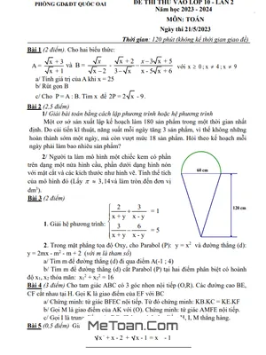 Đề thi thử Toán vào 10 lần 2 năm 2023 - 2024 phòng GD&ĐT Quốc Oai - Hà Nội