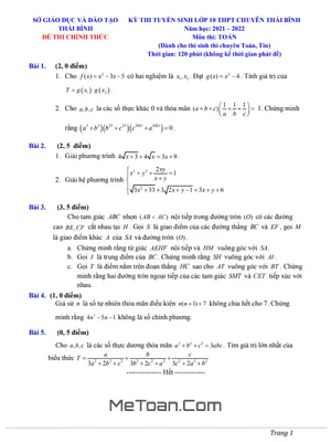 Đề thi Tuyển Sinh Lớp 10 Môn Toán Chuyên Trường THPT Chuyên Thái Bình Năm Học 2021 - 2022