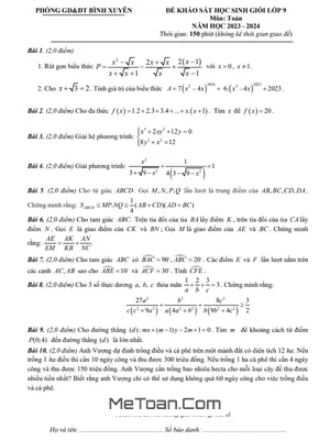 Đề khảo sát HSG Toán 9 lần 2 năm 2023 - 2024 phòng GD&ĐT Bình Xuyên - Vĩnh Phúc